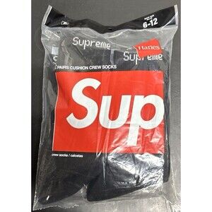 Supreme x Hanes Socks 4 Pack Black Mens Size 6-12 Crew Socks Brand New